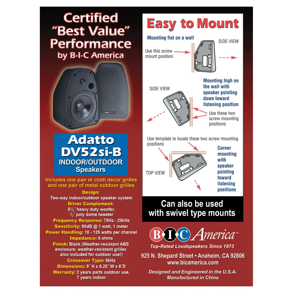 BIC America Adatto Indoor/Outdoor Weather-Resistant 2-Way Bookshelf Speakers, 125W, Pair - view 6