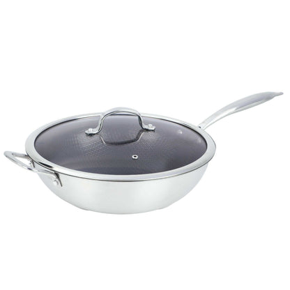 Brentwood 12 In. 4.2 Qt. 3-Ply Hybrid Nonstick Stainless Steel Wok with Glass Lid