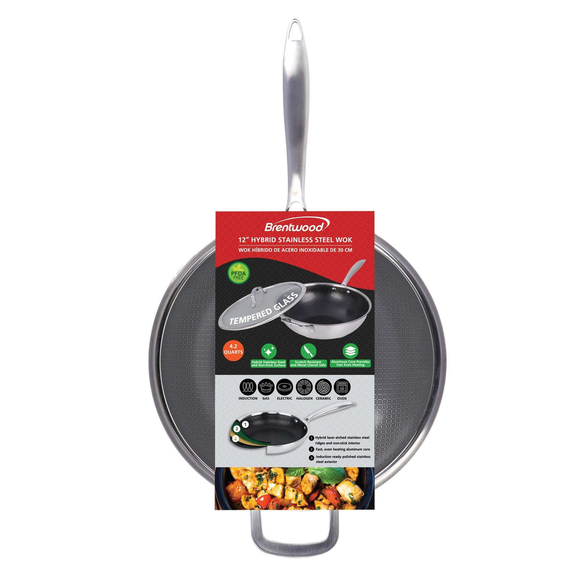 Brentwood 12 In. 4.2 Qt. 3-Ply Hybrid Nonstick Stainless Steel Wok with Glass Lid - view 5