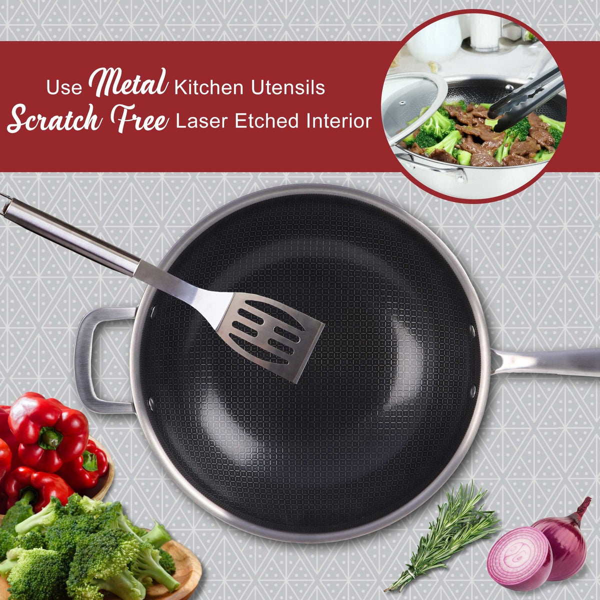 Brentwood 12 In. 4.2 Qt. 3-Ply Hybrid Nonstick Stainless Steel Wok with Glass Lid - view 7