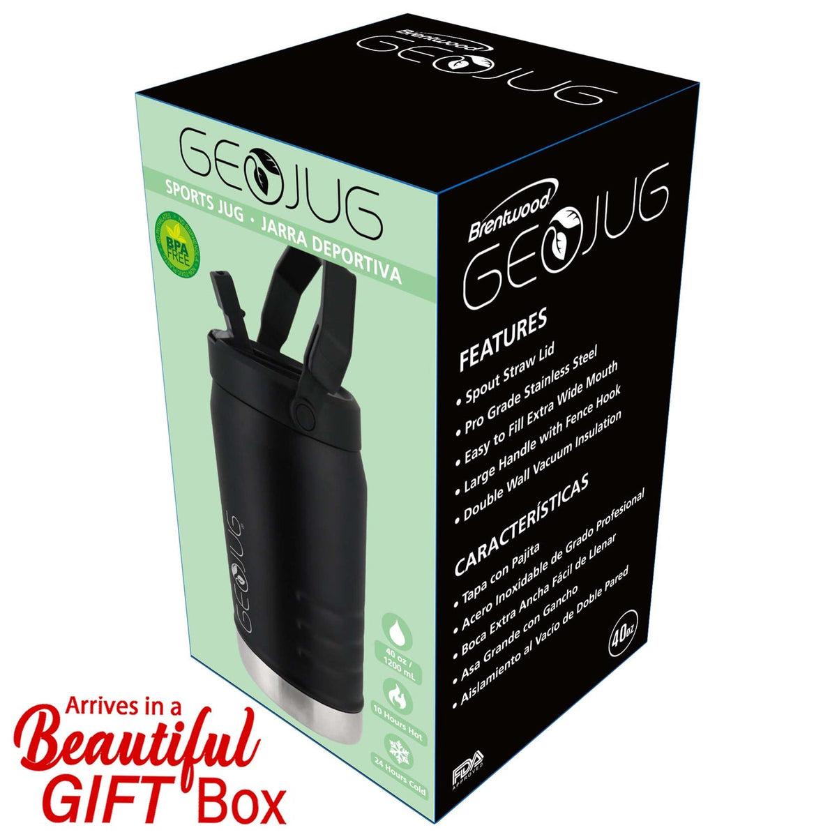 Brentwood Geojug 40 Oz. Vacuum-Insulated Stainless Steel Water Jug, Black - view 8
