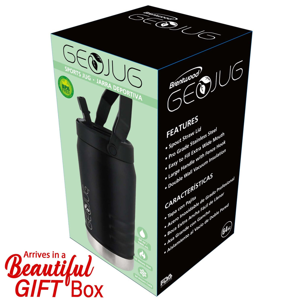 Brentwood Geojug 64 Oz. Vacuum-Insulated Stainless Steel Water Jug - Black - view 8
