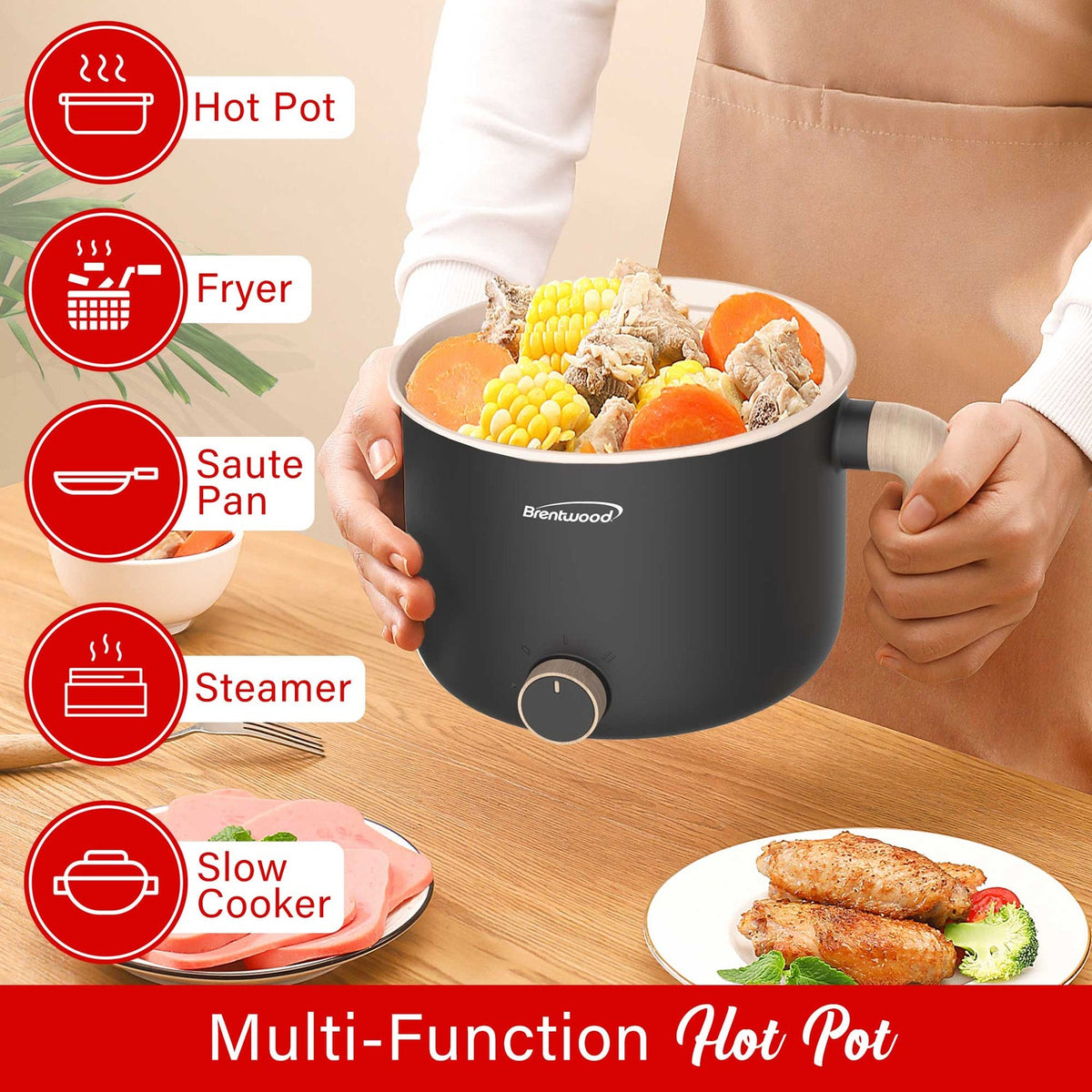Brentwood 1.6 Qt. 600W Electric Hot Pot Cooker with Ceramic Nonstick, Black - view 3