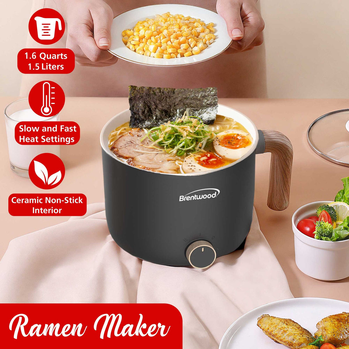 Brentwood 1.6 Qt. 600W Electric Hot Pot Cooker with Ceramic Nonstick, Black - view 6