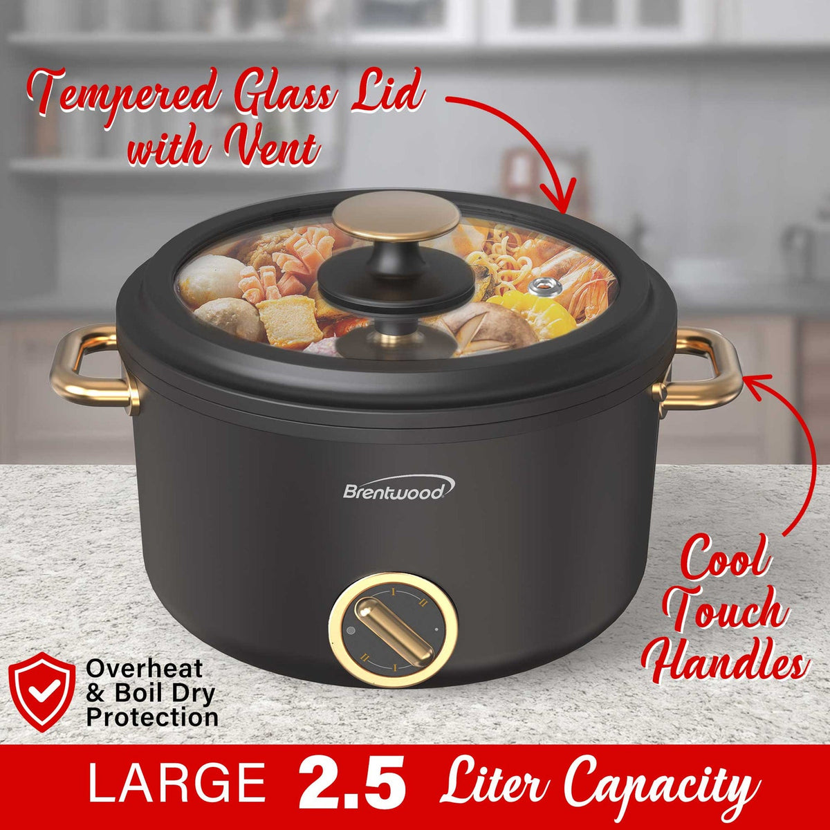 Brentwood 2.6 Qt. 700W Electric Hot Pot with Ceramic Nonstick and Steamer, Black - view 3