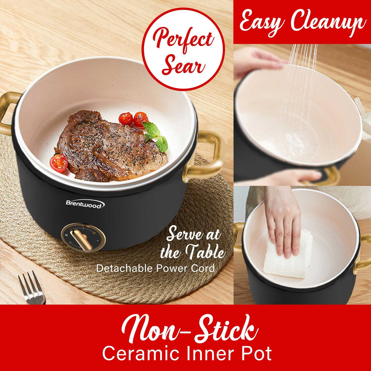 Brentwood 2.6 Qt. 700W Electric Hot Pot with Ceramic Nonstick and Steamer, Black - view 7