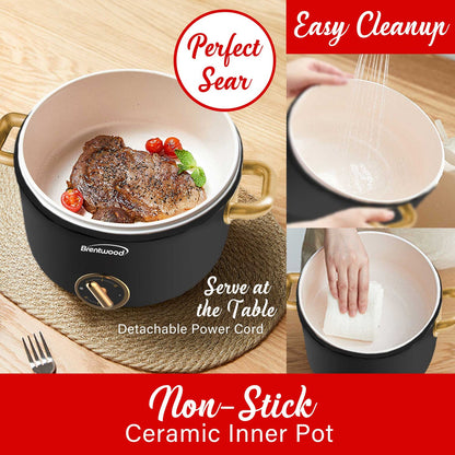 Brentwood 2.6 Qt. 700W Electric Hot Pot with Ceramic Nonstick and Steamer, Black - view 7