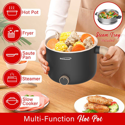 Brentwood 1.6 Qt. 600W Electric Hot Pot with Stainless Steamer, Angled Handle - view 3