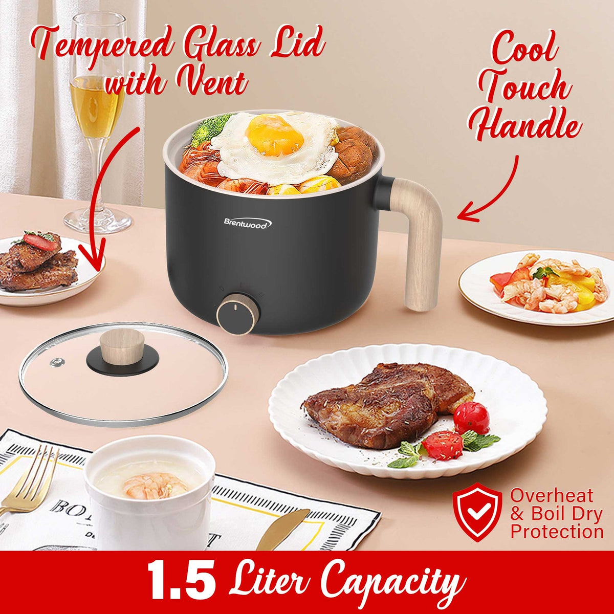 Brentwood 1.6 Qt. 600W Electric Hot Pot with Stainless Steamer, Angled Handle - view 4
