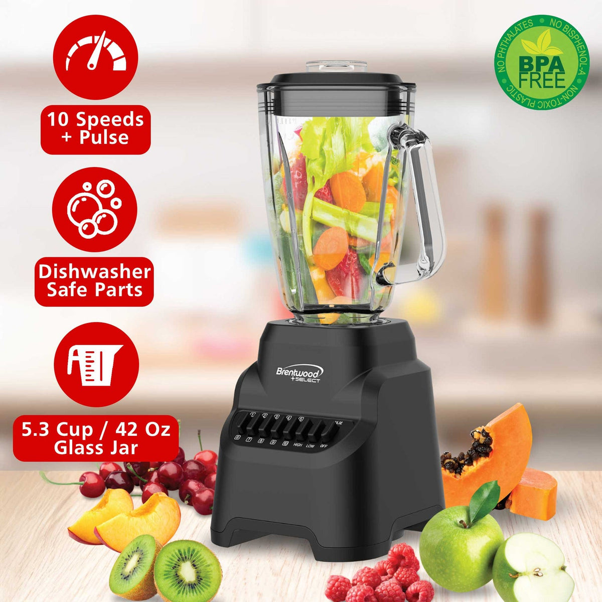 Brentwood Select 5.3-Cup 500W 10-Speed Glass Jar Blender, Black - view 4