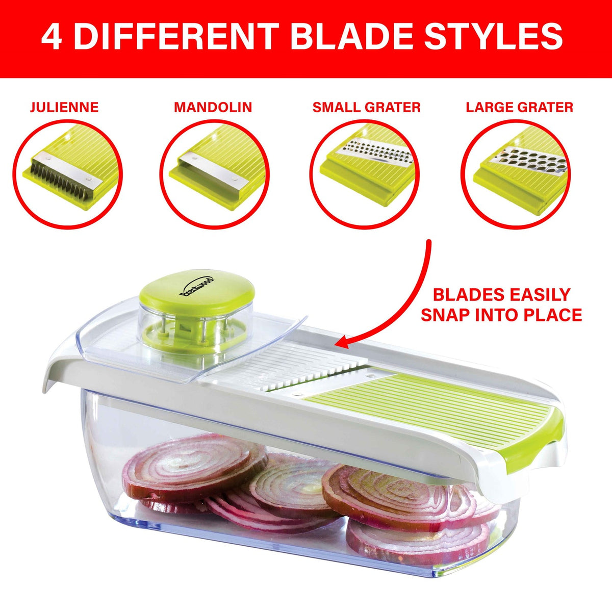 Brentwood Mandolin Slicer with 5-Cup Container and 4 Stainless Steel Blades, Green - view 4