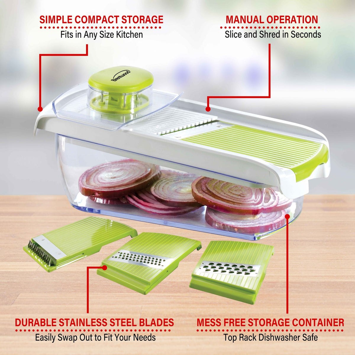 Brentwood Mandolin Slicer with 5-Cup Container and 4 Stainless Steel Blades, Green - view 7