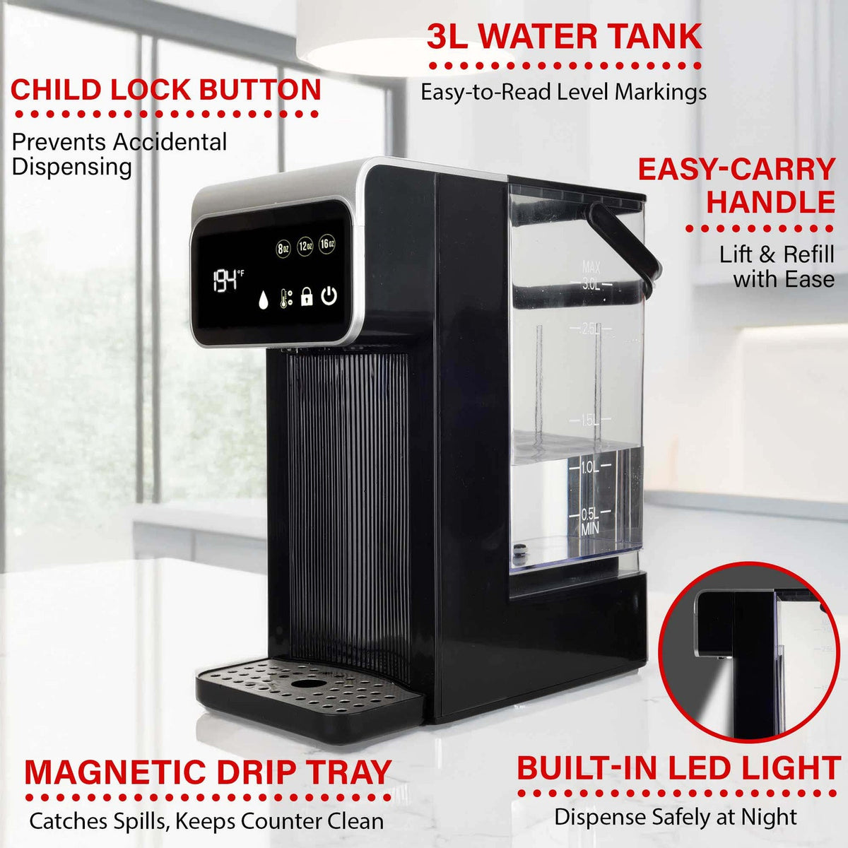 Brentwood 2.7 Qt. 1,800W Digital Instant Hot Water Dispenser, Black - view 7