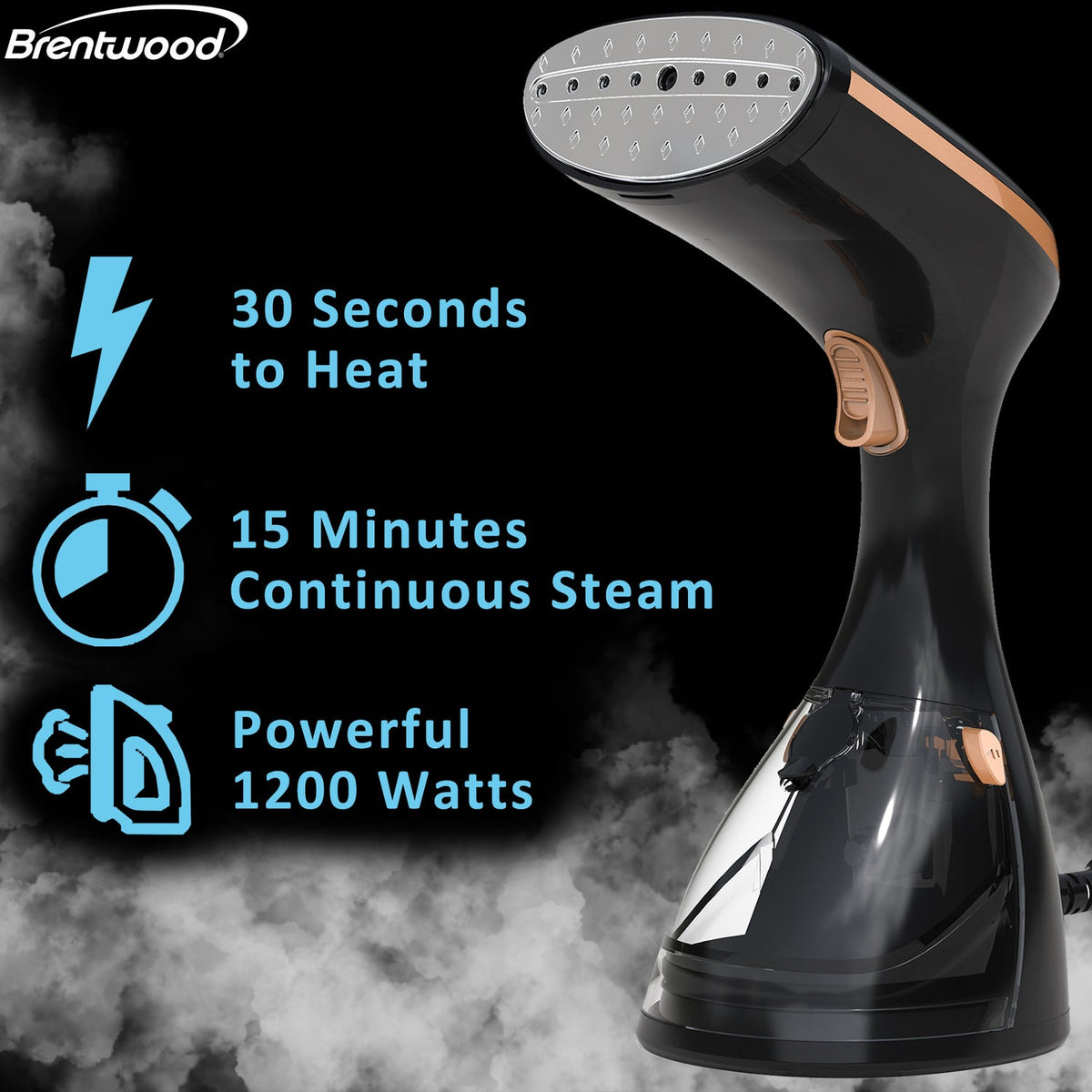 Brentwood 1,200W Handheld Garment Steamer with Stainless Steel Soleplate, Black - view 4