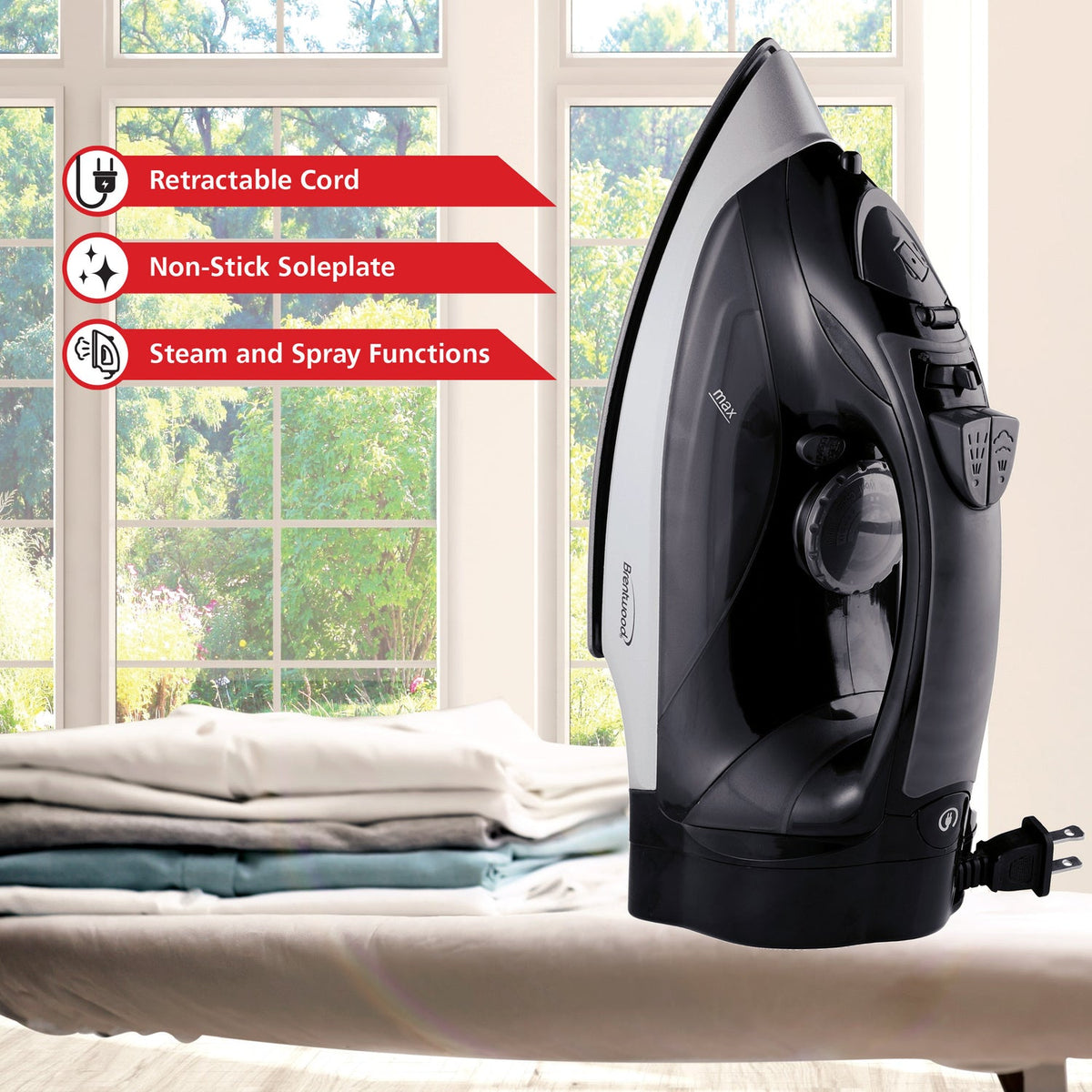 Brentwood 1,200W Nonstick Steam Iron with Retractable Cord - Black - view 2