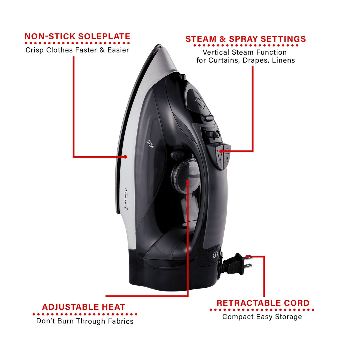Brentwood 1,200W Nonstick Steam Iron with Retractable Cord - Black - view 6
