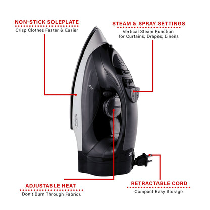 Brentwood 1,200W Nonstick Steam Iron with Retractable Cord - Black - view 6