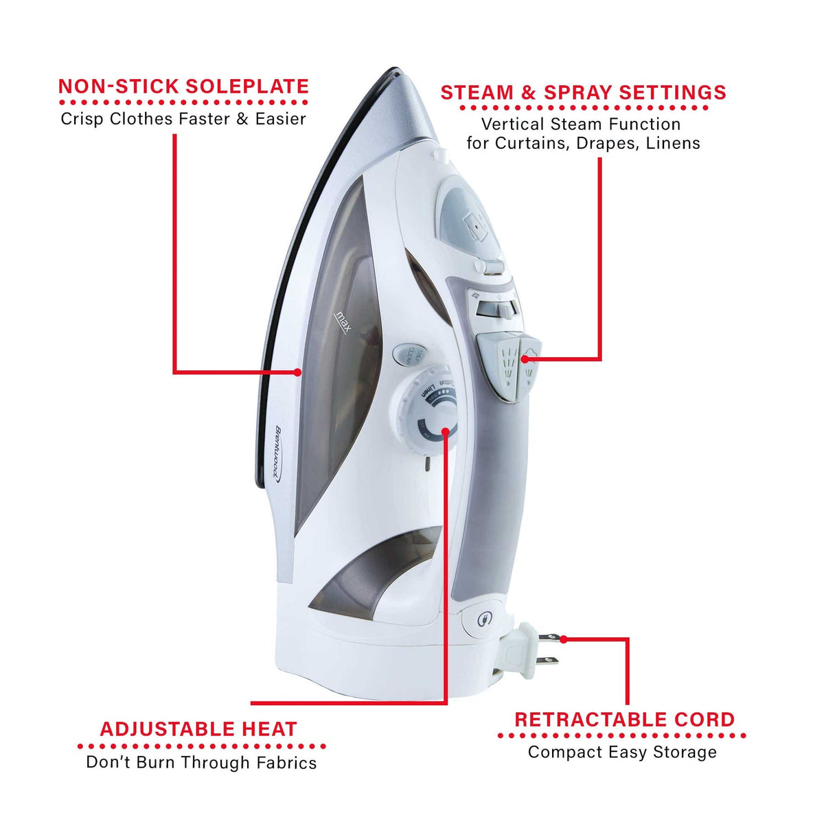 Brentwood 1,200W Nonstick Steam Iron with Retractable Cord - White - view 6