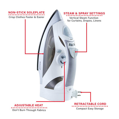 Brentwood 1,200W Nonstick Steam Iron with Retractable Cord - White - view 6