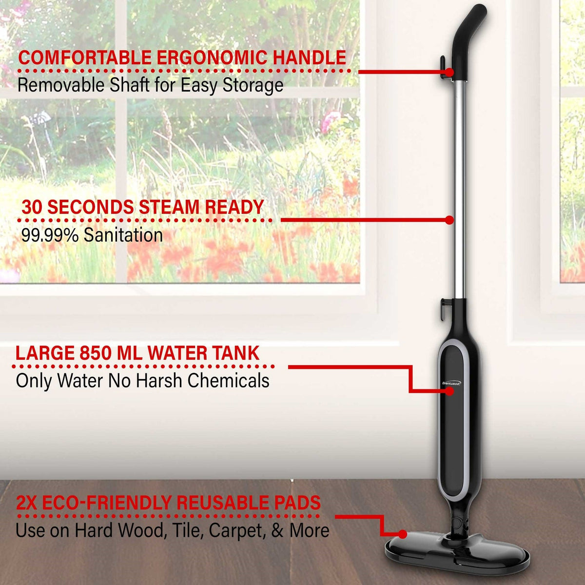 Brentwood 1,100W Hard-Floor Steam Mop with Carpet Glider and 2 Pads, Black - view 7