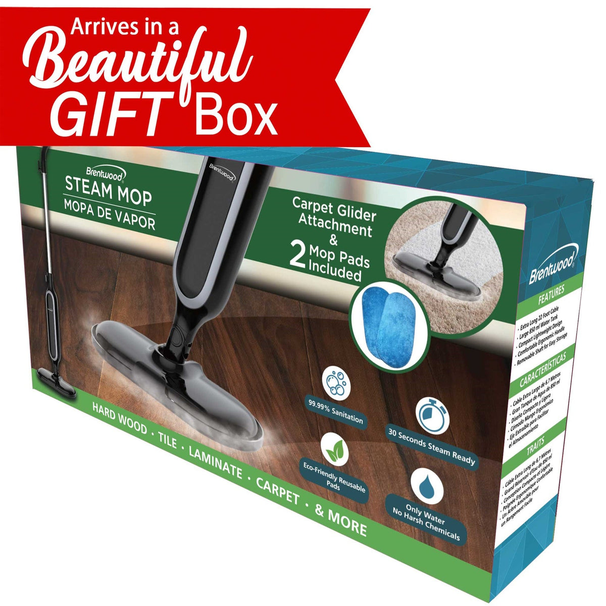 Brentwood 1,100W Hard-Floor Steam Mop with Carpet Glider and 2 Pads, Black - view 8
