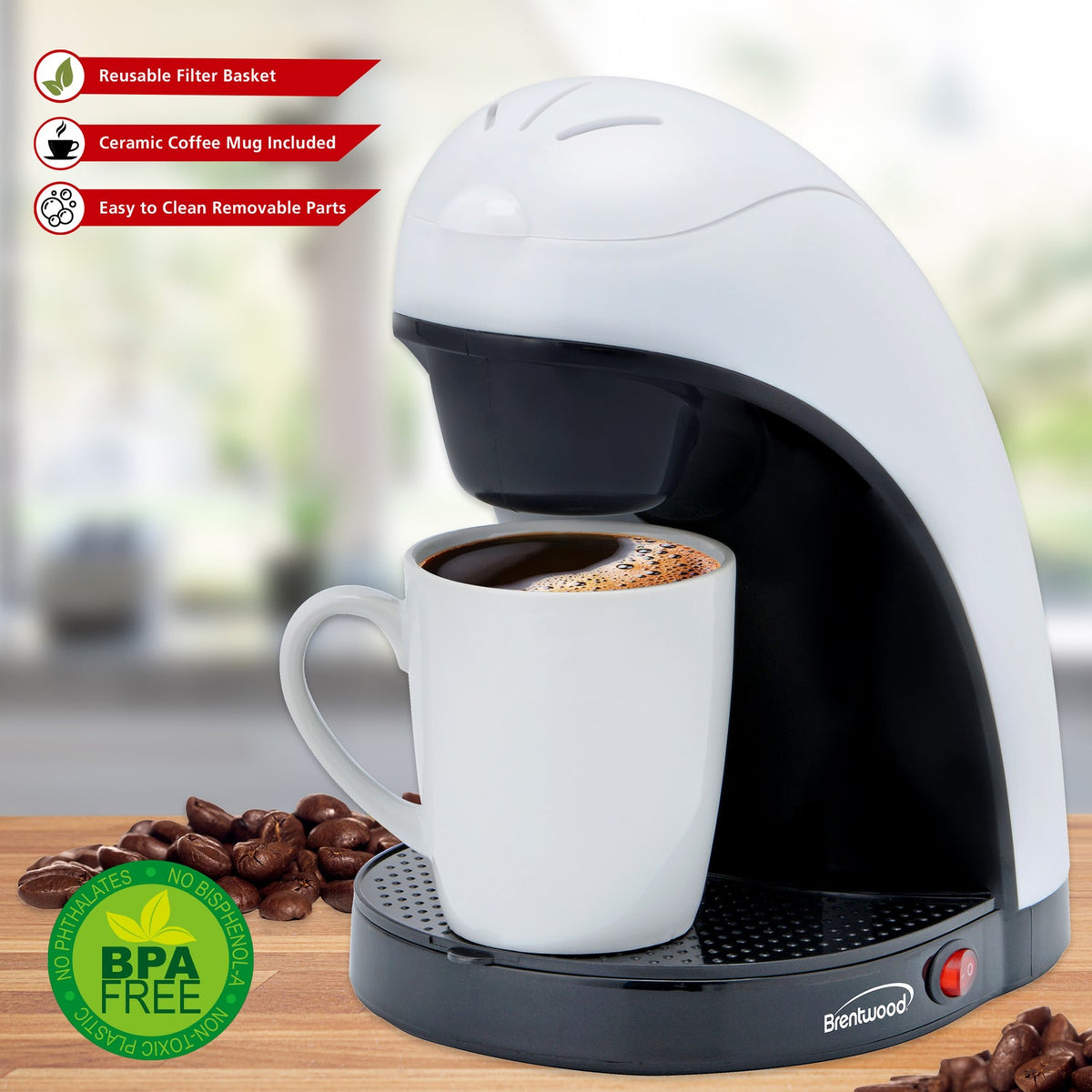 Brentwood 450W Single-Serve Coffee Maker with 10 Oz. Ceramic Mug, White - view 3