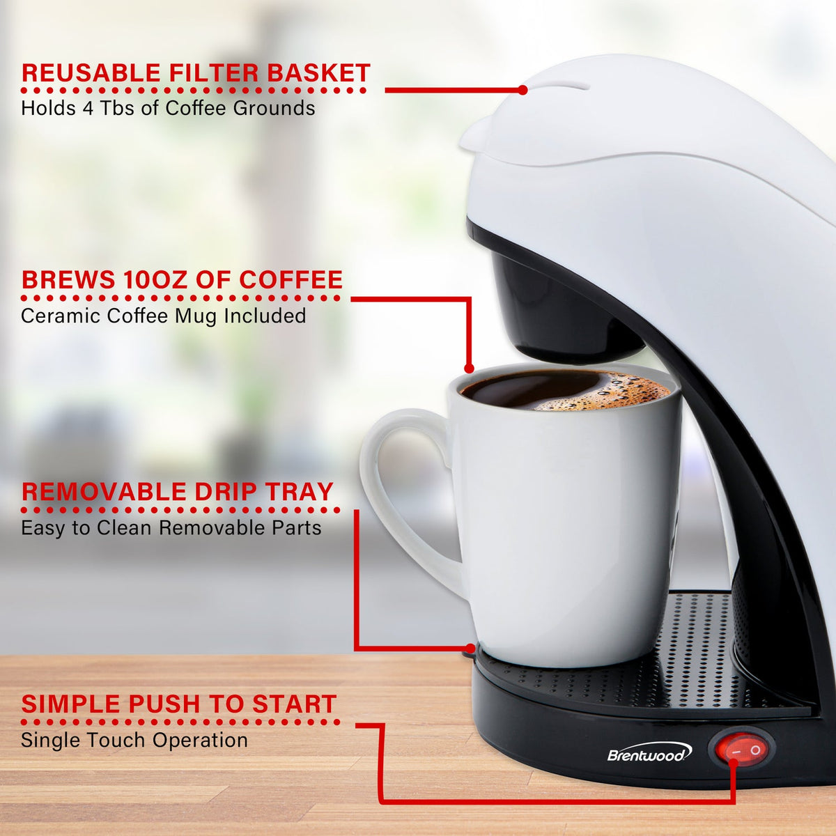 Brentwood 450W Single-Serve Coffee Maker with 10 Oz. Ceramic Mug, White - view 7