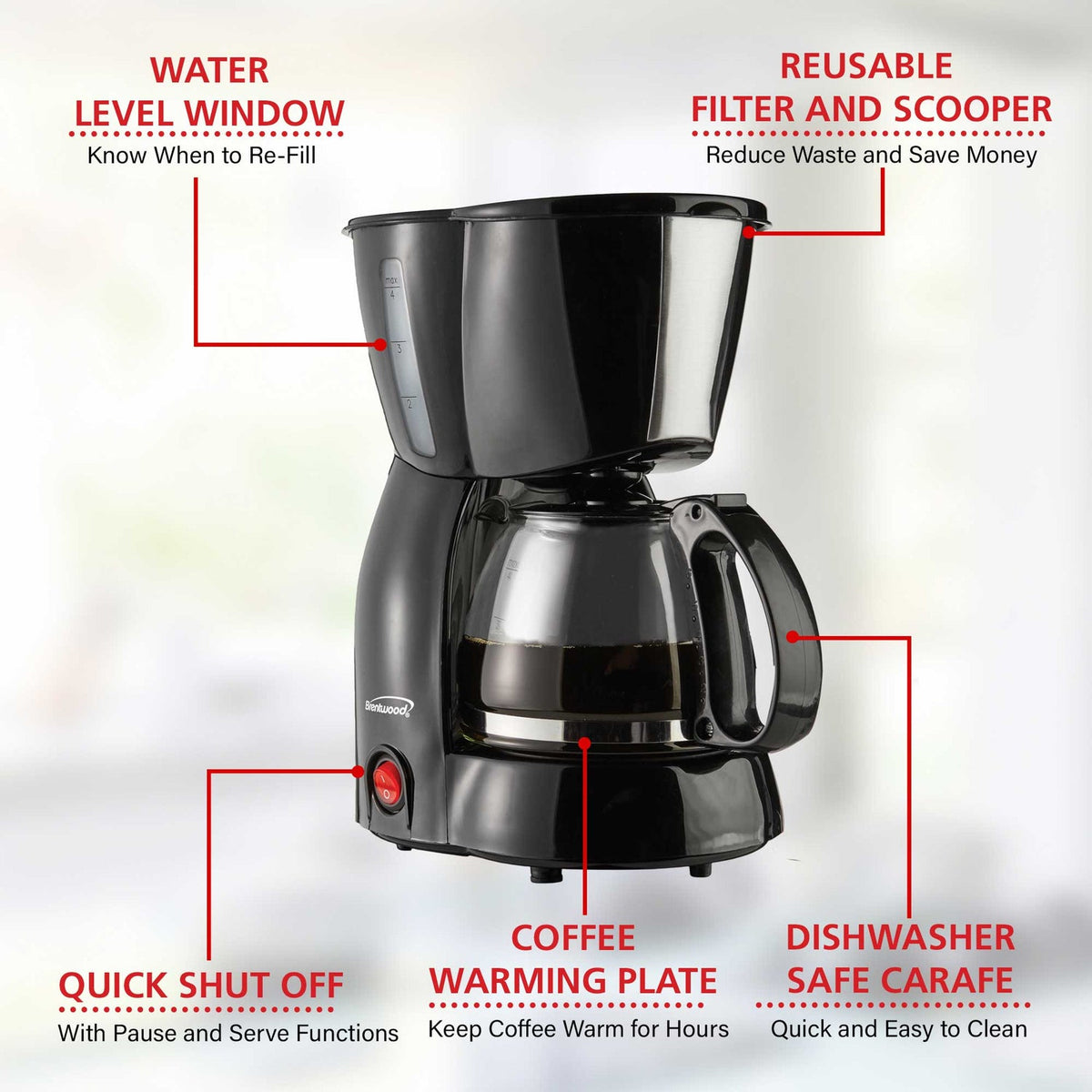 Brentwood 650W 4-Cup Coffee Maker, Black - view 6