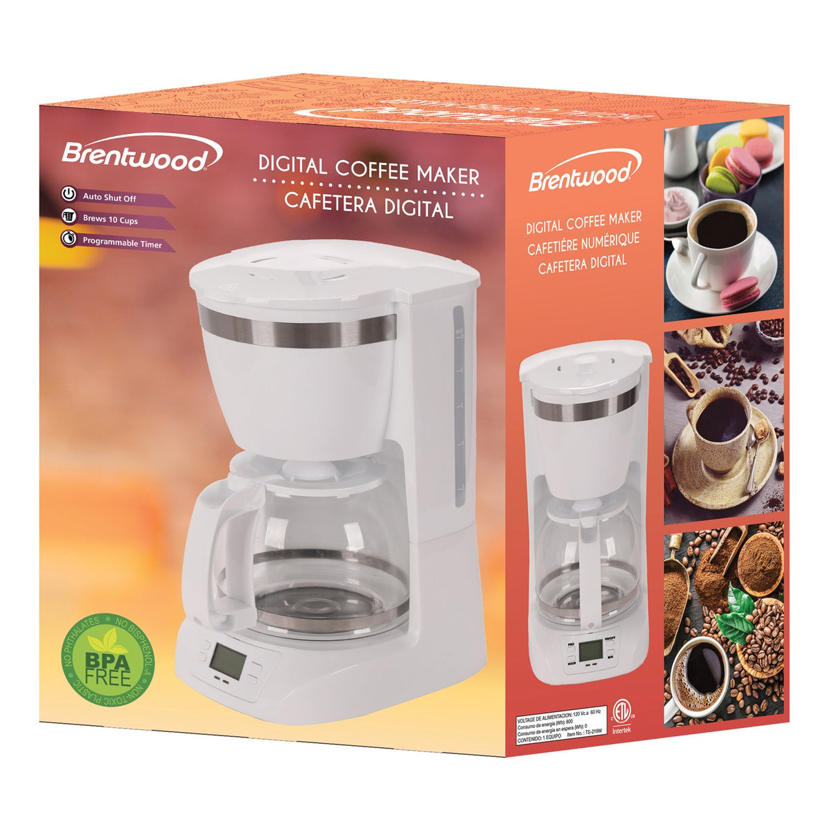 Brentwood 10-Cup Programmable Digital Coffee Maker with Pause & Serve, White - view 6