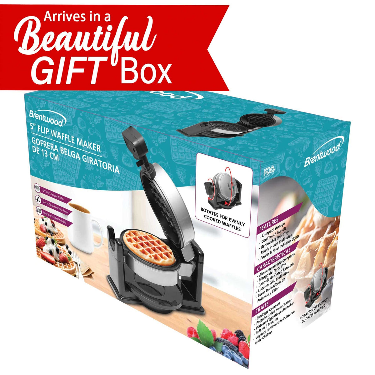 Brentwood 5 In. Nonstick Flip Belgian Waffle Maker, Silver - view 8