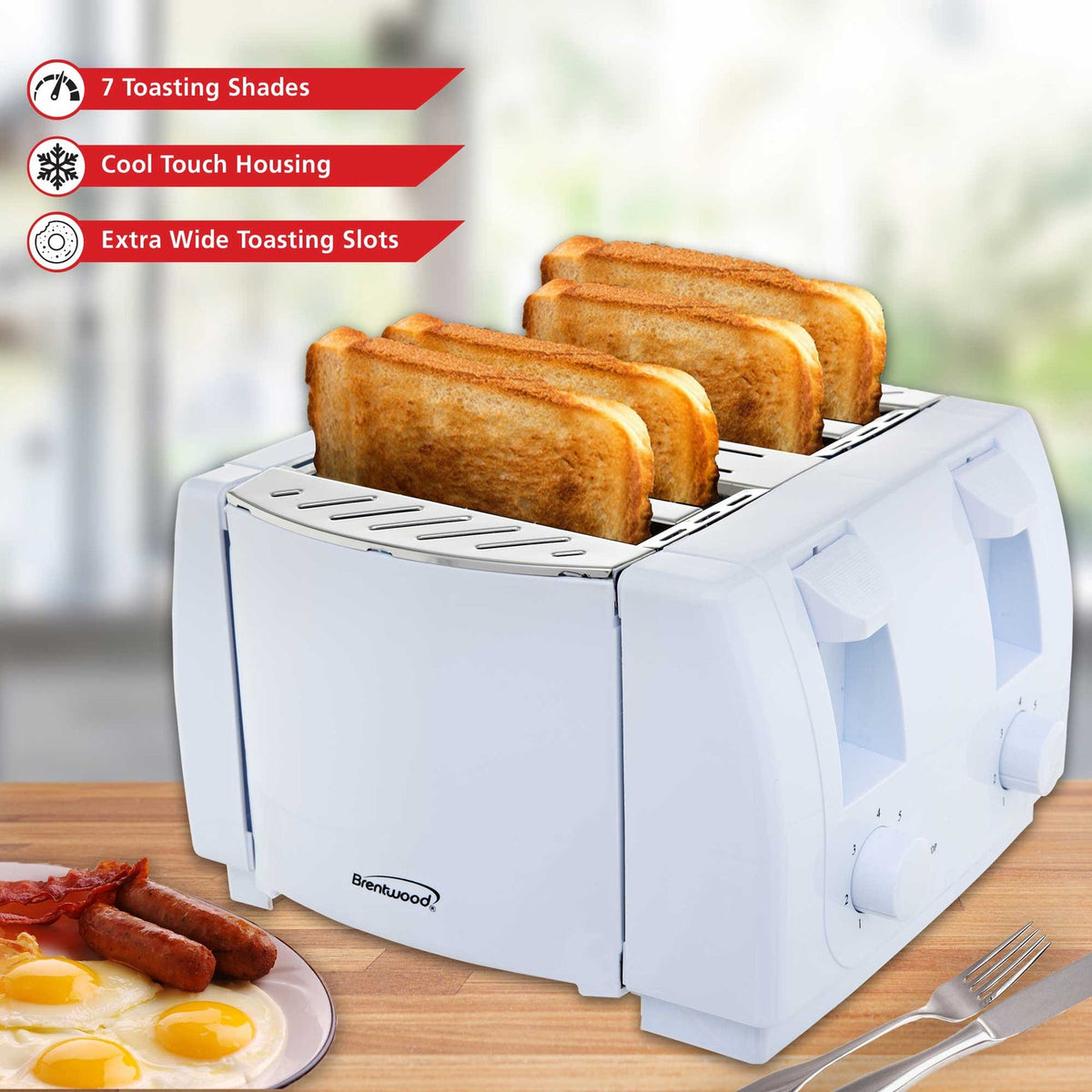 Brentwood Cool-Touch 4-Slice 1,300W Extra-Wide Slot Toaster, White - view 2
