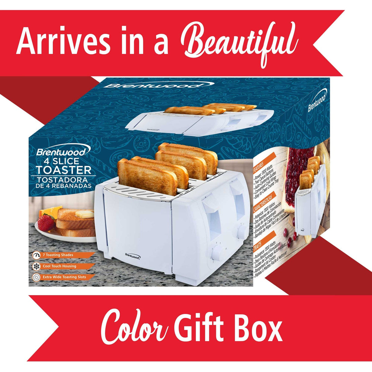 Brentwood Cool-Touch 4-Slice 1,300W Extra-Wide Slot Toaster, White - view 6