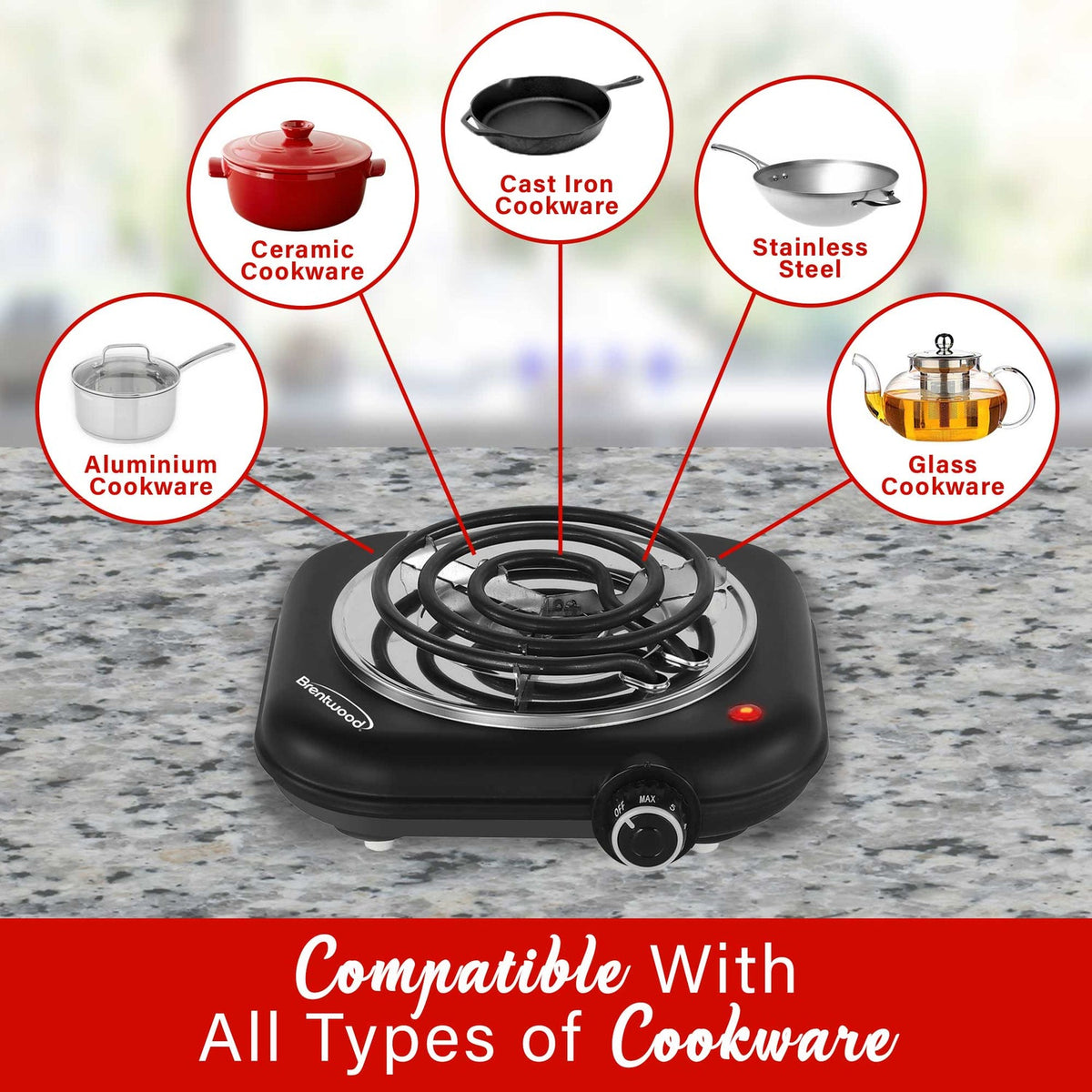 Brentwood 1,100W Single Coil Countertop Electric Burner, Black - view 3