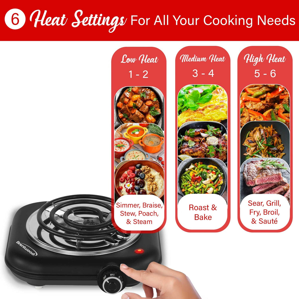 Brentwood 1,100W Single Coil Countertop Electric Burner, Black - view 4
