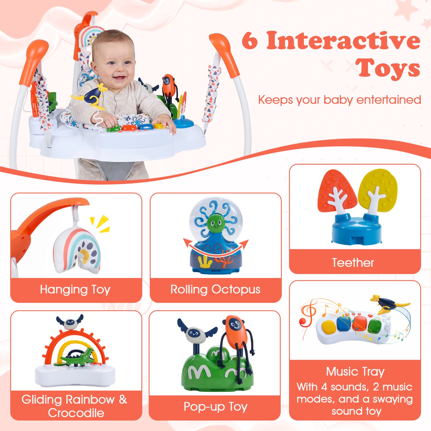 Baby Activity Center Baby Jumper and Bouncer with 6 Interactive Toys Lights and Music-Orange