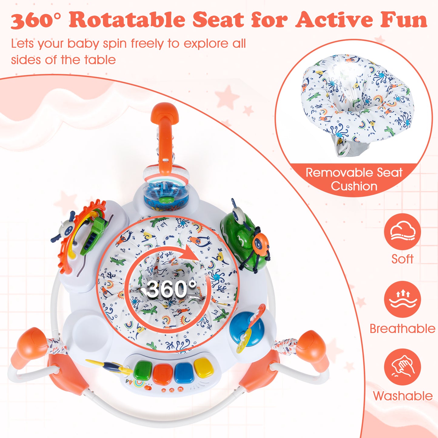 Baby Activity Center Baby Jumper and Bouncer with 6 Interactive Toys Lights and Music-Orange