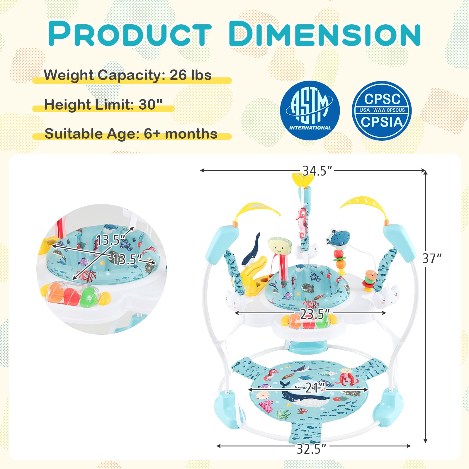 Baby Activity Center Height Adjustable Baby Bouncing Saucer with Interactive Toys-Pink - Light Blue