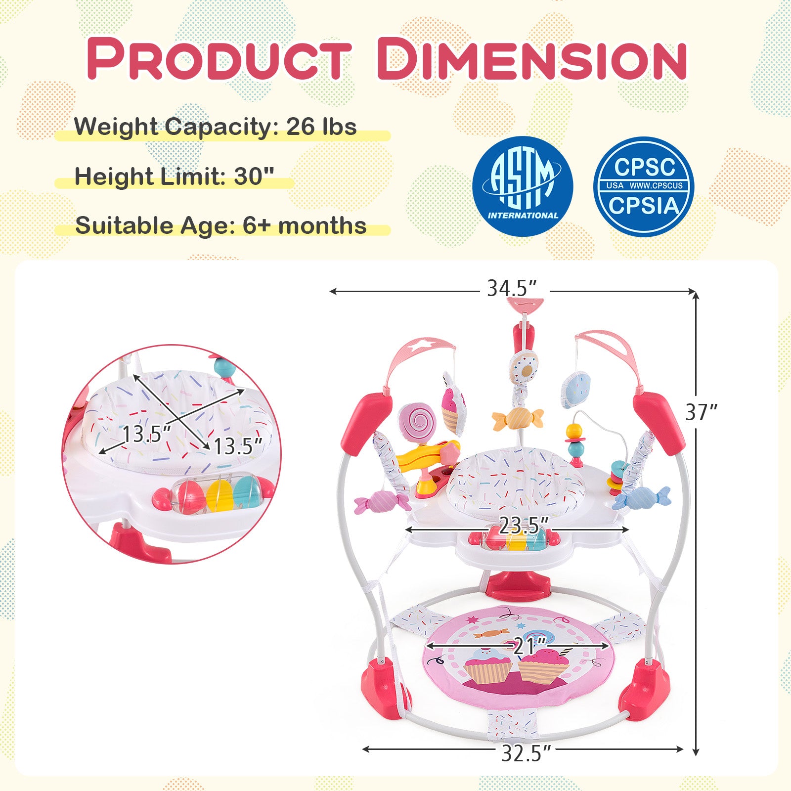 Baby Activity Center Height Adjustable Baby Bouncing Saucer with Interactive Toys-Pink - Pink