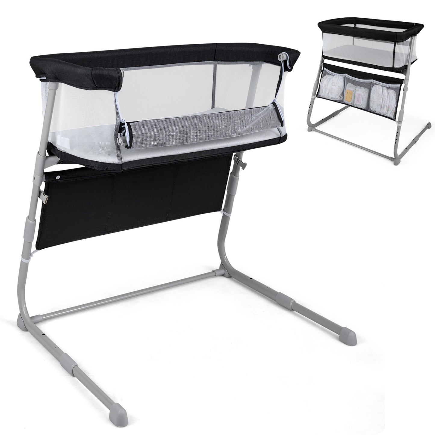 Baby Bassinet Bedside Crib with Adjustable Height Comfy Mattress-Black - Black