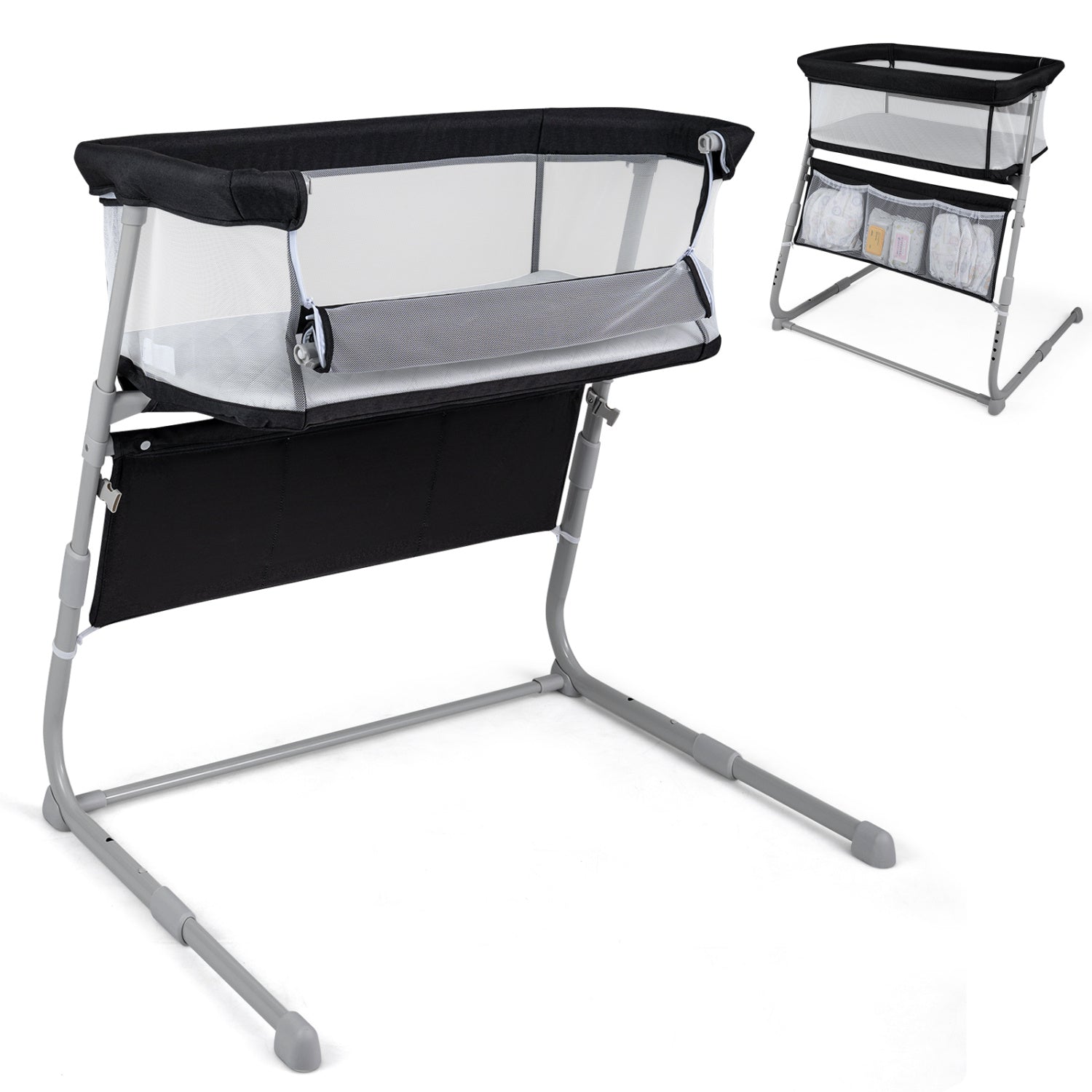Baby Bassinet Bedside Crib with Adjustable Height Comfy Mattress-Black - Black