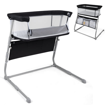 Baby Bassinet Bedside Crib with Adjustable Height Comfy Mattress-Black - Black