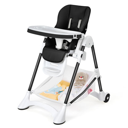 Baby Convertible Folding Adjustable High Chair with Wheel Tray Storage Basket-Beige - Black
