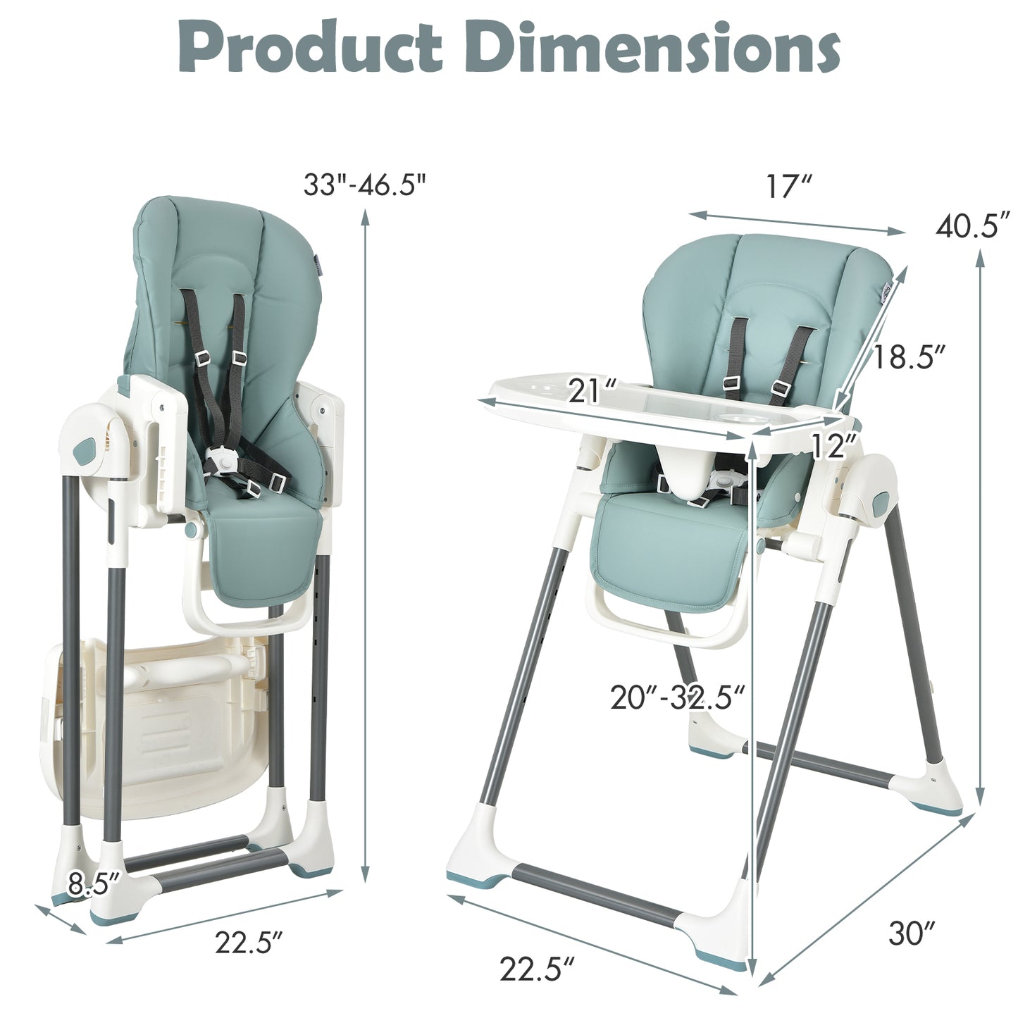 Foldable Baby High Chair with Double Removable Trays and Book Holder-Beige - Green