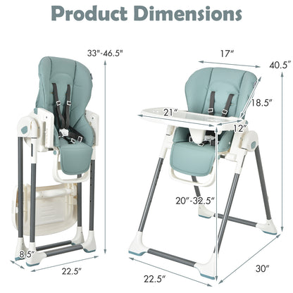 Foldable Baby High Chair with Double Removable Trays and Book Holder-Beige - Green