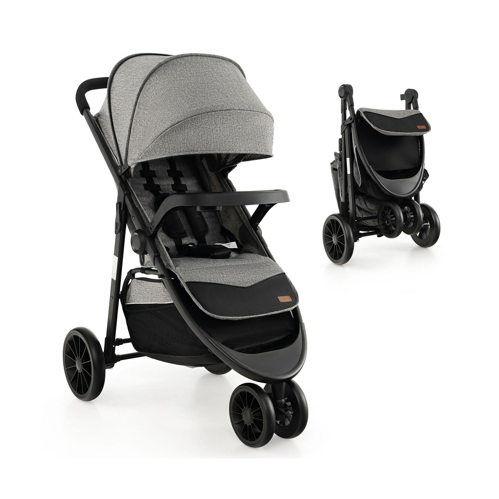 Baby Jogging Stroller with Adjustable Canopy for Newborn-Black - Gray