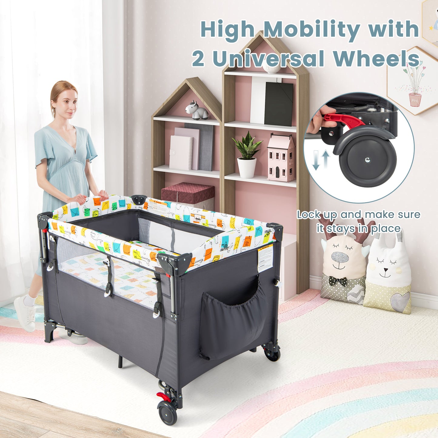 5-in-1 Baby Nursery Center Foldable Toddler Bedside Crib with Music Box