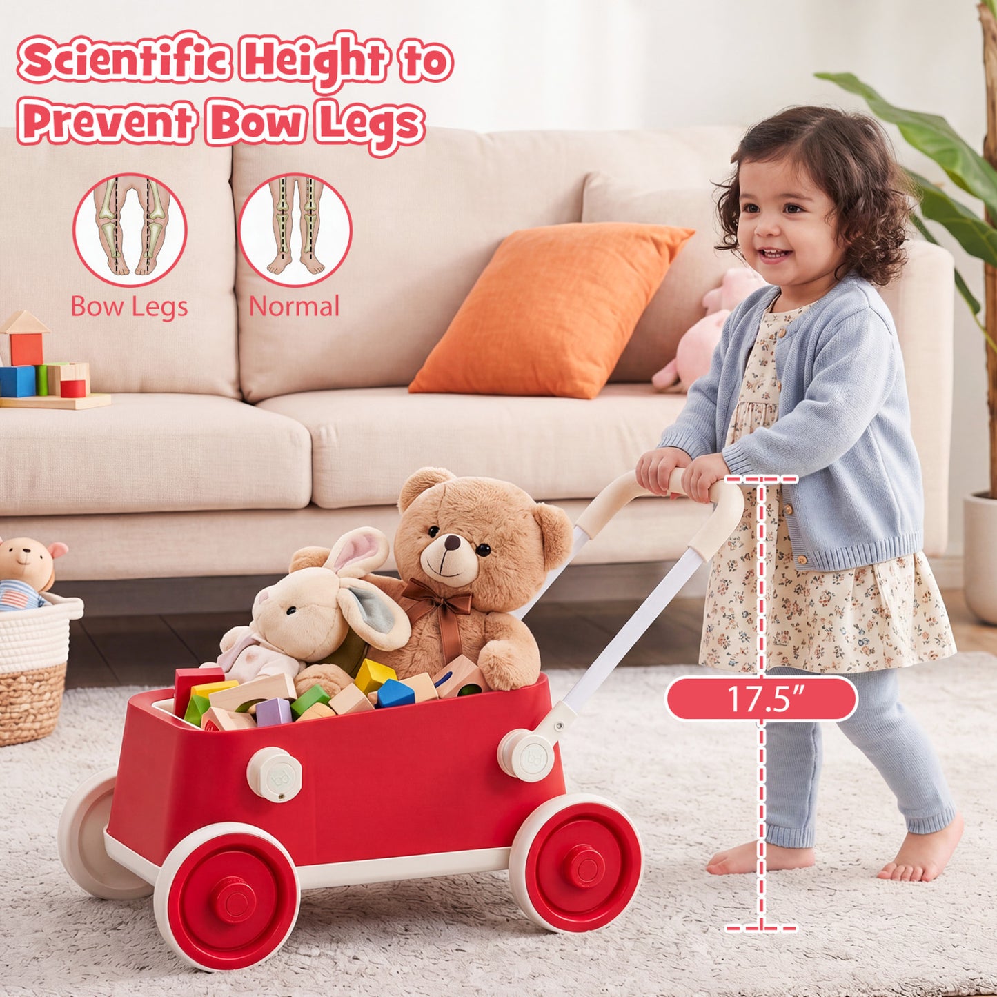 Push Walker with Storage Basket and Foldable Handle