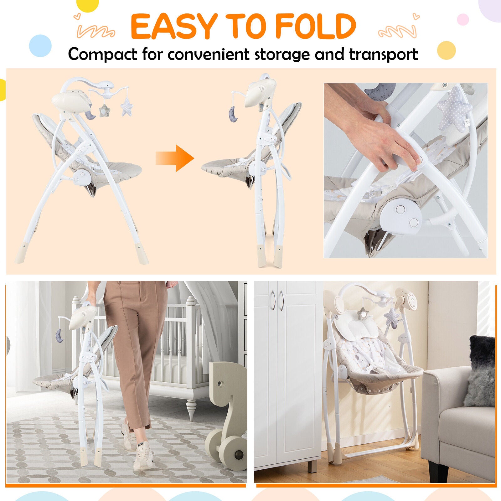 Electric Foldable Baby Rocking Chair with Adjustable Backrest-Beige