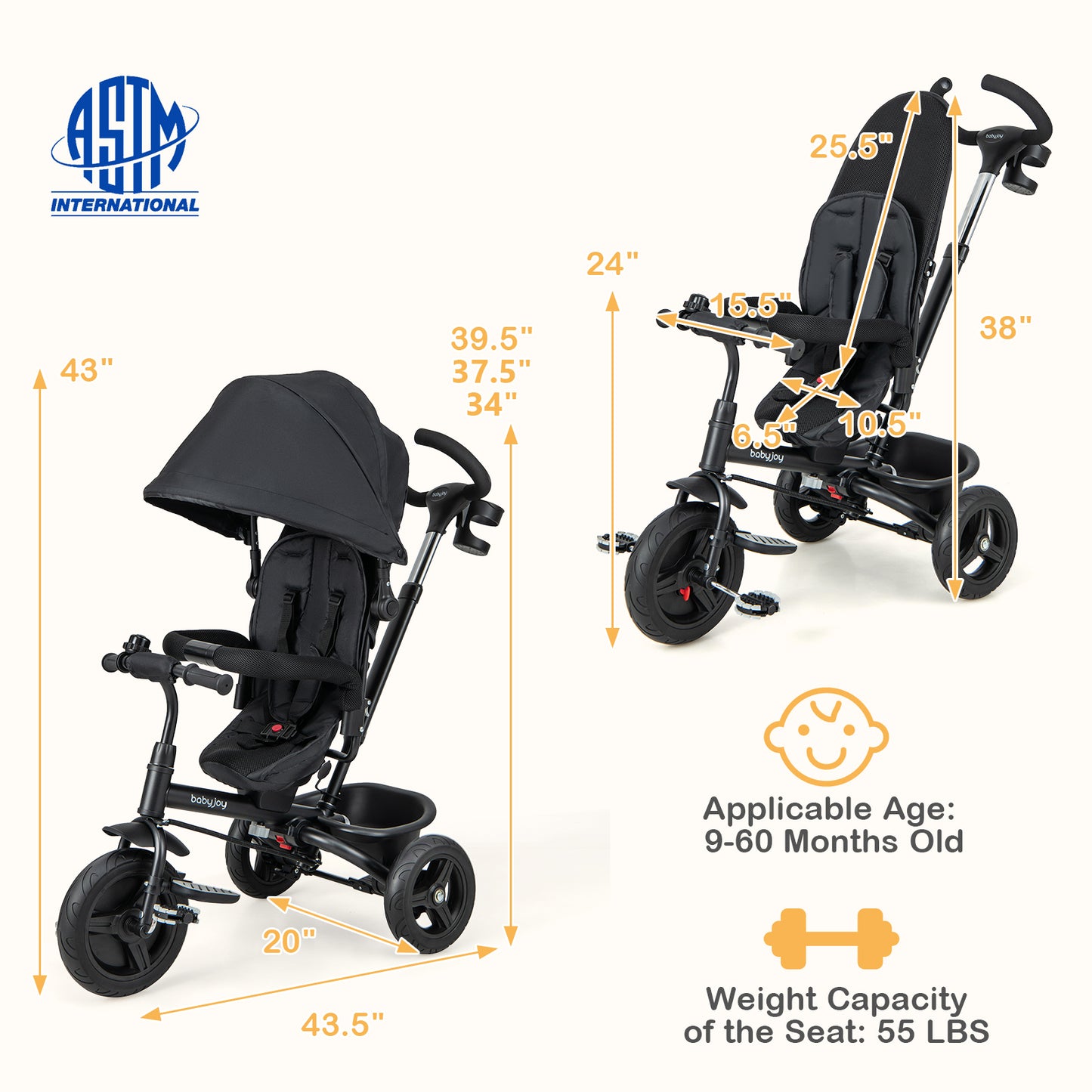 4-in-1 Baby Tricycle Toddler Trike with Reversible Seat and 5-Point Safety Harness