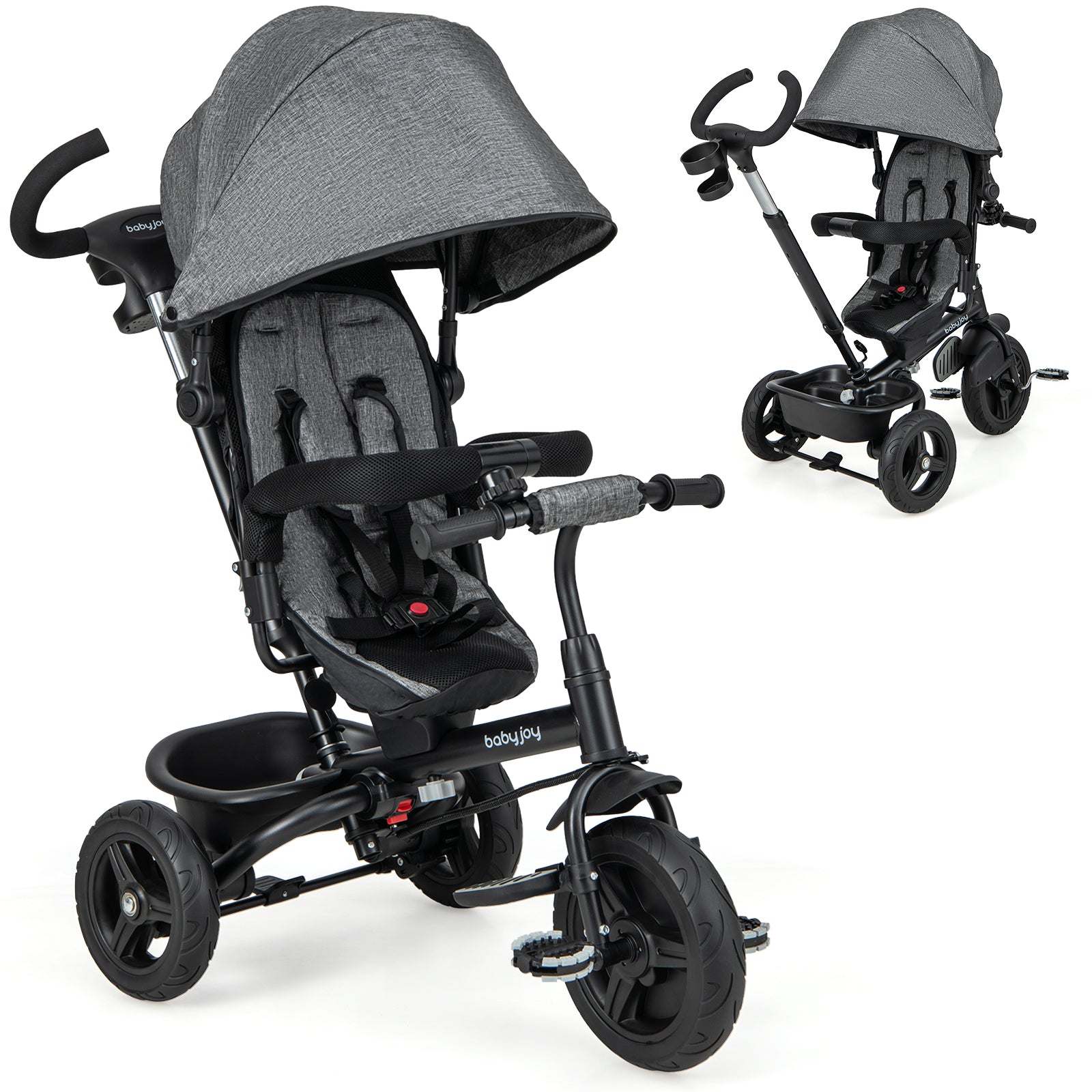 4-in-1 Baby Tricycle Toddler Trike with Reversible Seat and 5-Point Safety Harness-Pink - Gray
